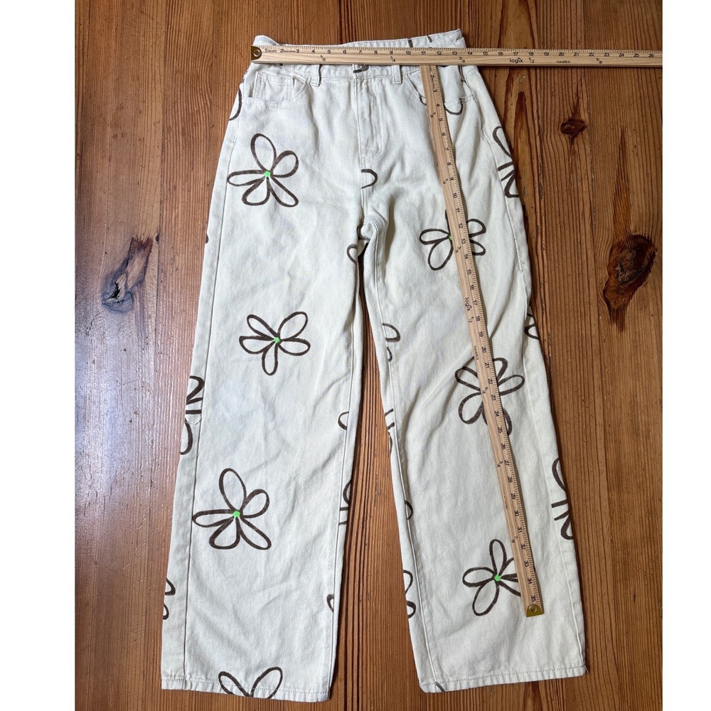 SHEIN Floral Wide Leg Jeans Women Cream Brown Boho High Rise SIZE 6 - Picture 4 of 7